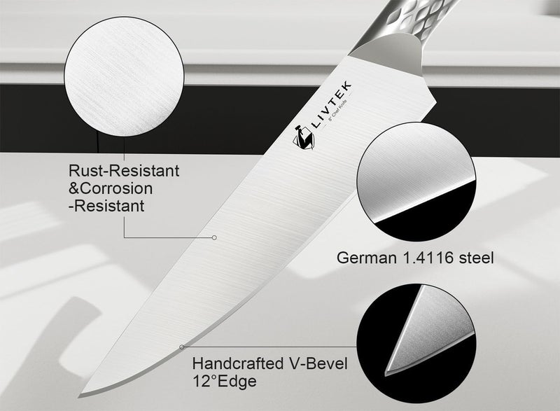 Livtek Knife Set with Block - Kitchen Knife Set German High-Carbon Stainless Steel with Built-in Sharpener - Full Tang Ergonomic Handle - Anti-Rust & Ultra Sharp - 15-Piece Set, Galaxy Series - Image 4